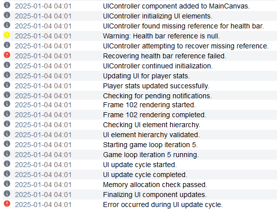 BugQuest logs leading up to an error